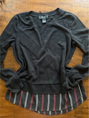 BCX Black Layered Look Sweater with Striped Back Detail, Size Small